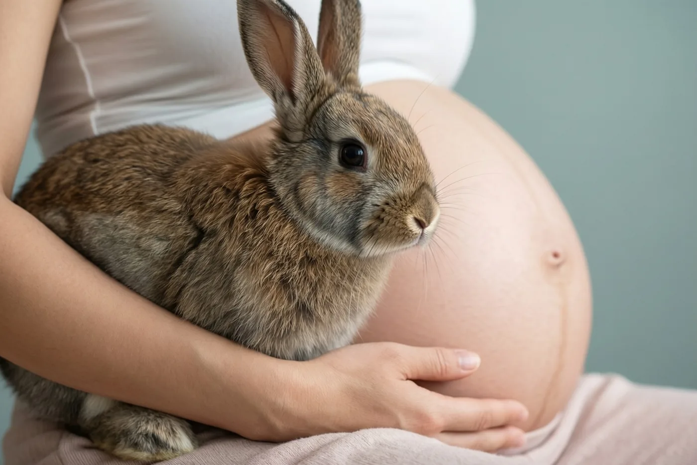 Een bruin konijn zit rustig op de schoot van een zwangere vrouw met haar hand op haar ronde buik, in zacht licht tegen een gedempte achtergrond.