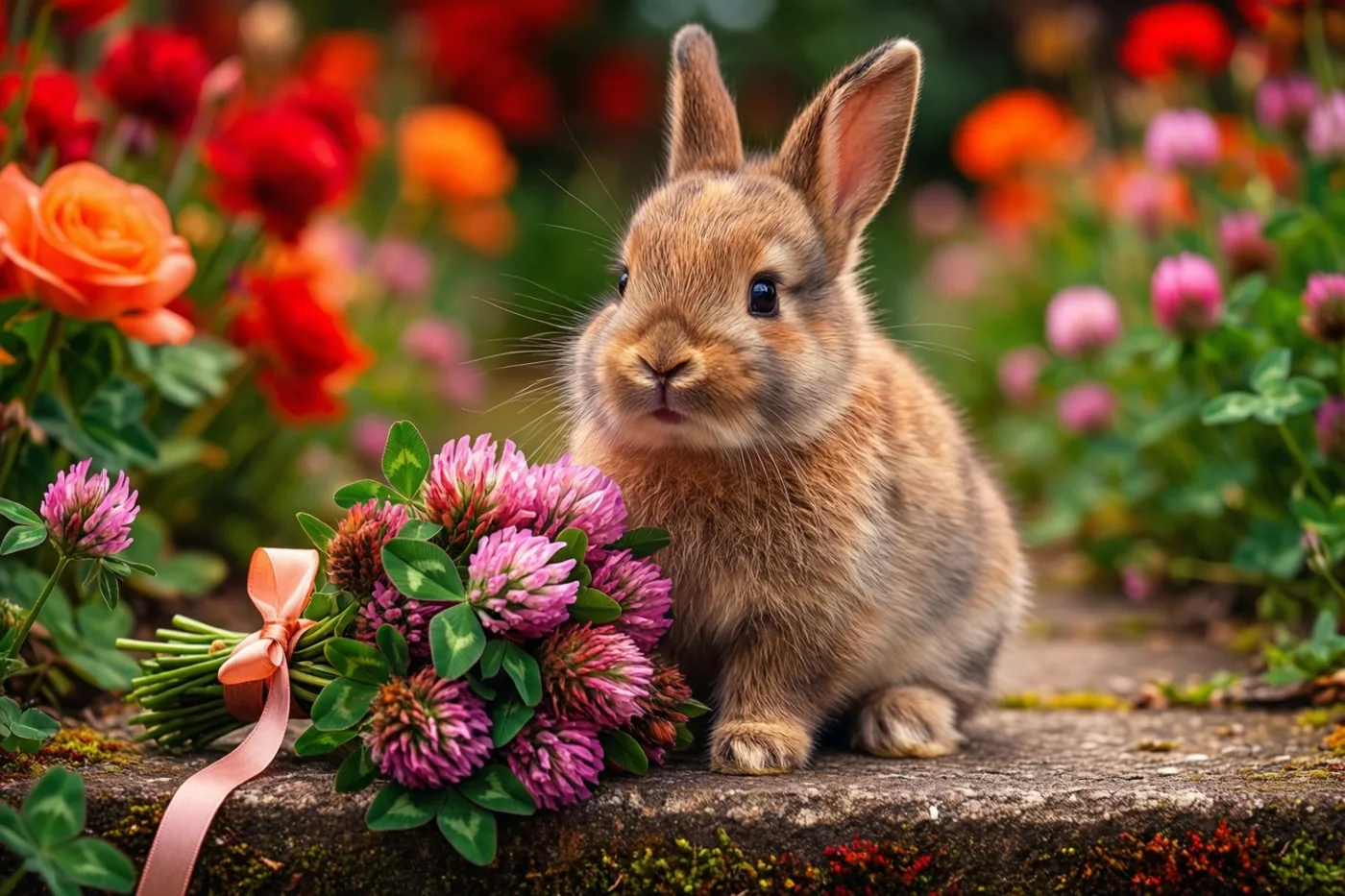 Een jong bruin konijntje zit op een bemoste tuintrede naast een boeketje roze klaverbloemen met een perzikkleurig lint, met rozen en klaver op de wazige achtergrond.
