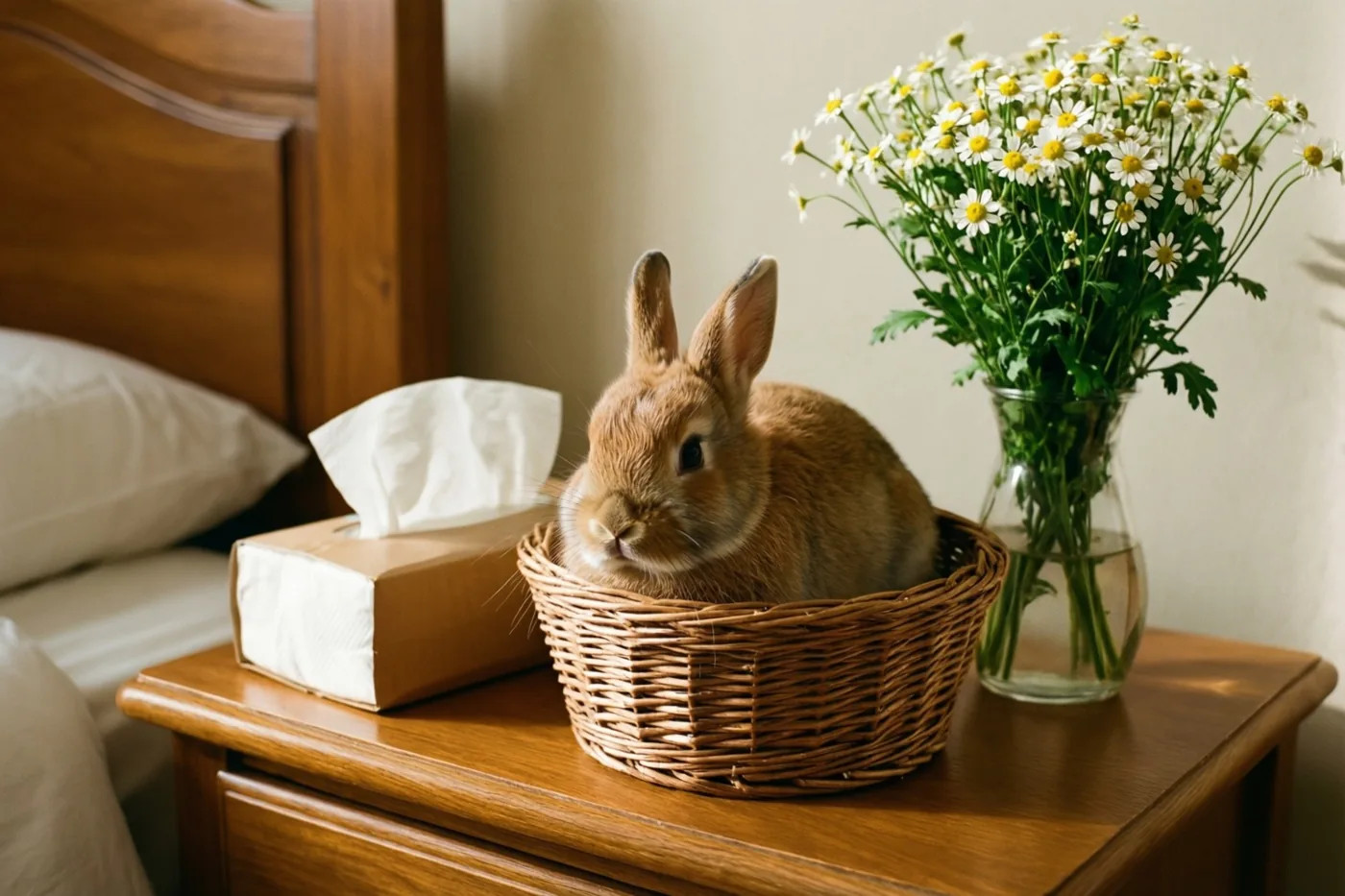 Een klein bruin konijn zit in een gevlochten mand op een houten nachtkastje naast zakdoekjes en witte margrieten, bij een bed met een houten hoofdbord.