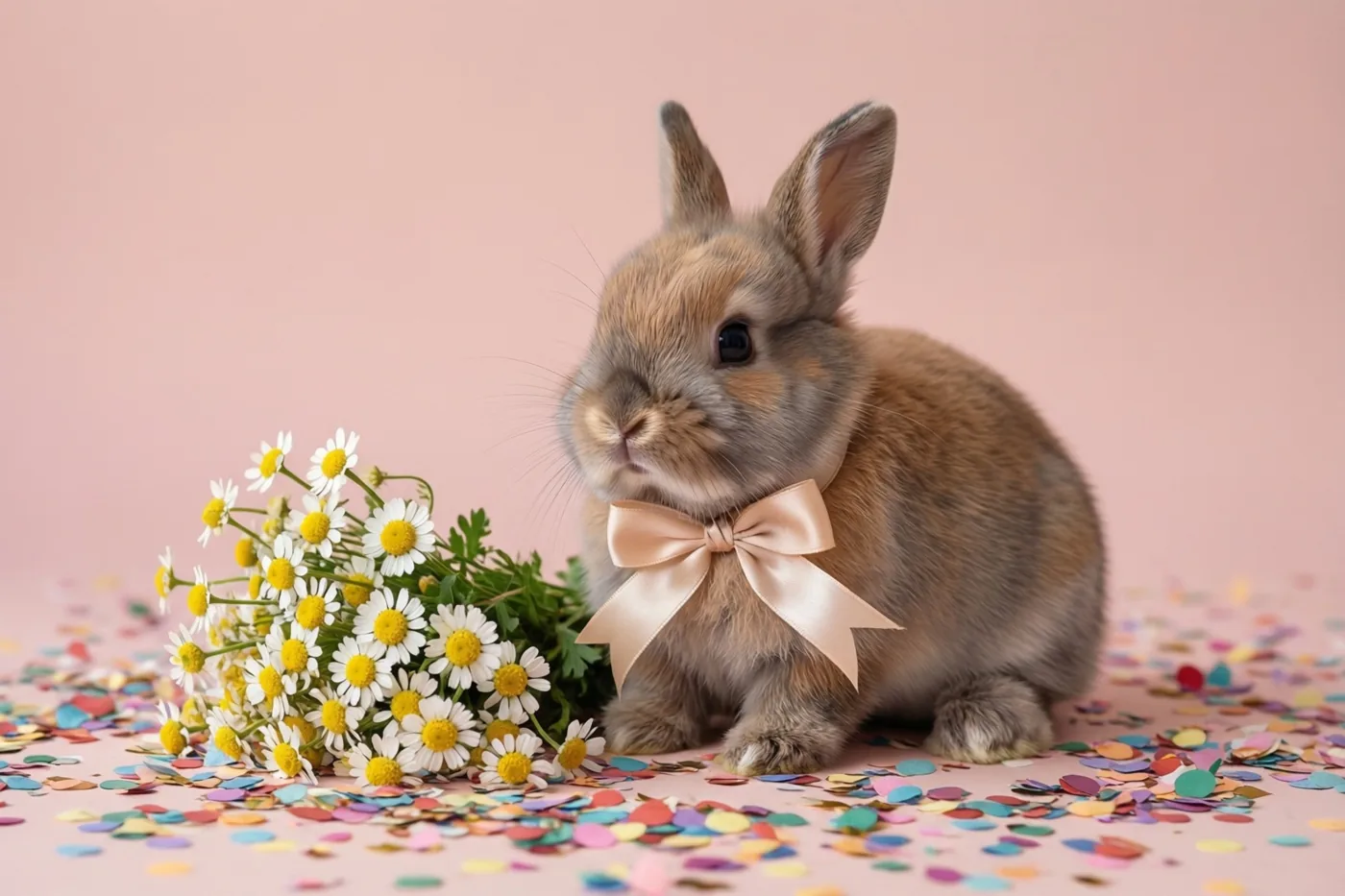Een klein bruin konijntje met een beige satijnen strik zit naast witte margrieten op een roze ondergrond met kleurrijke confetti, tegen een effen roze achtergrond.