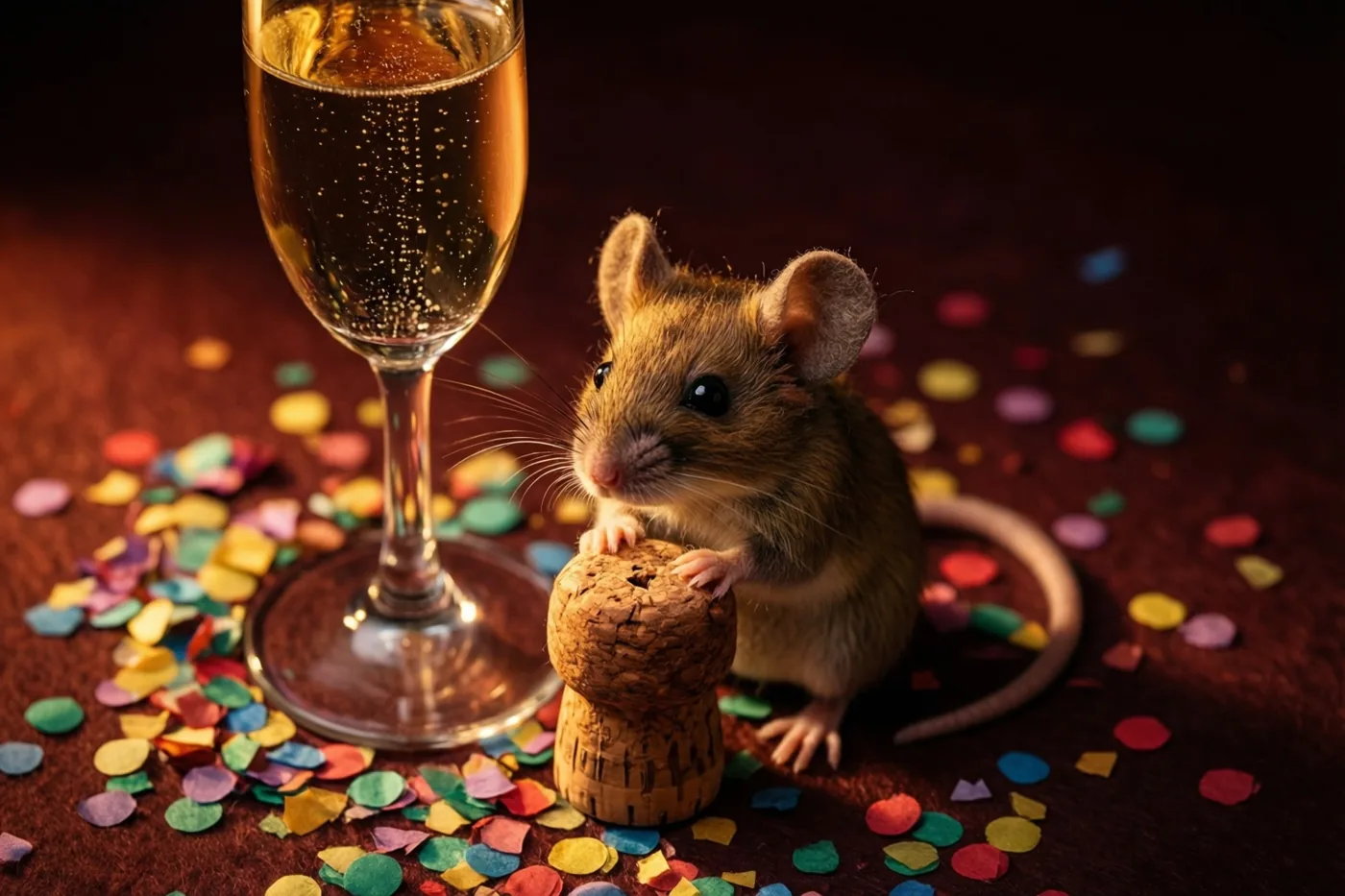 Een klein bruin muisje zit op een champagnekurk naast een glas mousserende wijn, met kleurrijke confetti op een donkere ondergrond in warm licht.