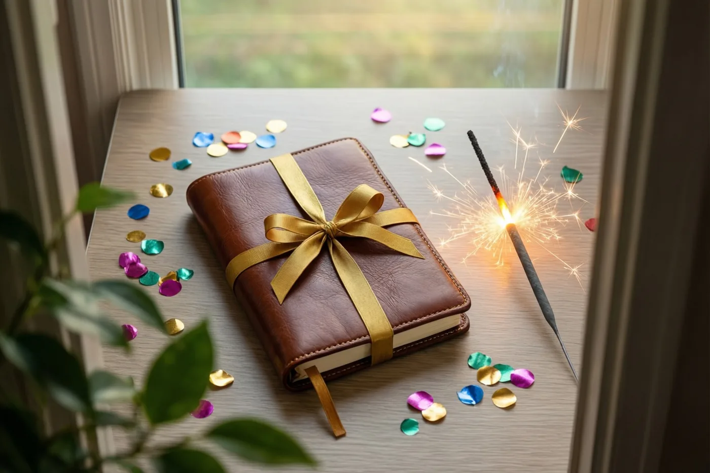 Een bruin leren notitieboek met een gouden lint ligt op een houten bureau naast een brandend sterretje en kleurrijke confetti, in zacht ochtendlicht vanuit een raam.