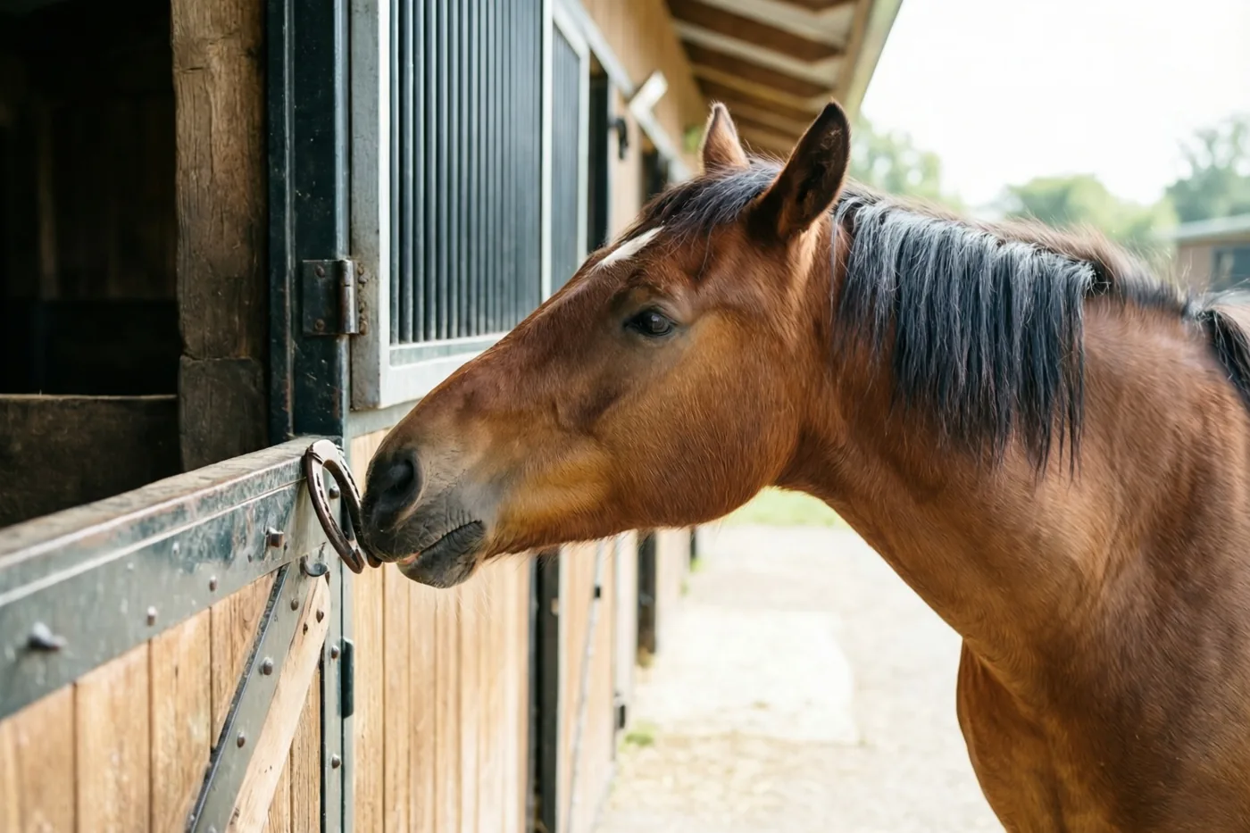 Een bruin paard met donkere manen besnuffelt een hoefijzer op een houten staldeur, naast een grindpad.