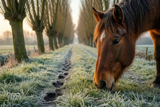 Een bruin paard met een witte vlek op het voorhoofd graast op berijpt gras naast een polderweg met knotwilgen en hoefsporen in zacht ochtendlicht.
