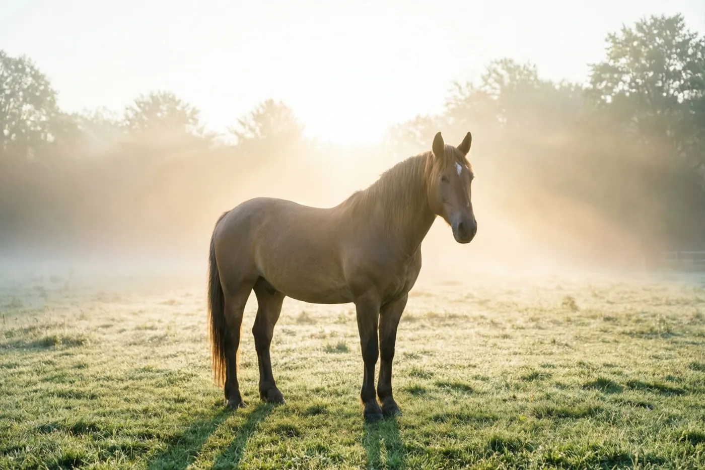 Een bruin paard staat in een grasveld waar gouden ochtendlicht door de mist valt, met onscherpe bomen op de achtergrond.