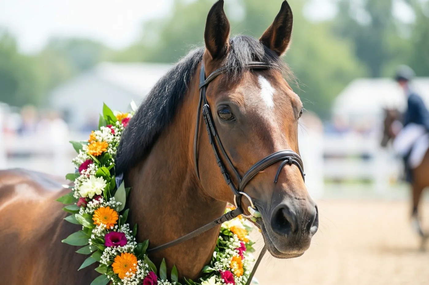 Een bruin paard met een witte aftekening op het voorhoofd draagt een kleurrijke bloemenkrans in een buitenpiste, met zand en groen op de achtergrond.