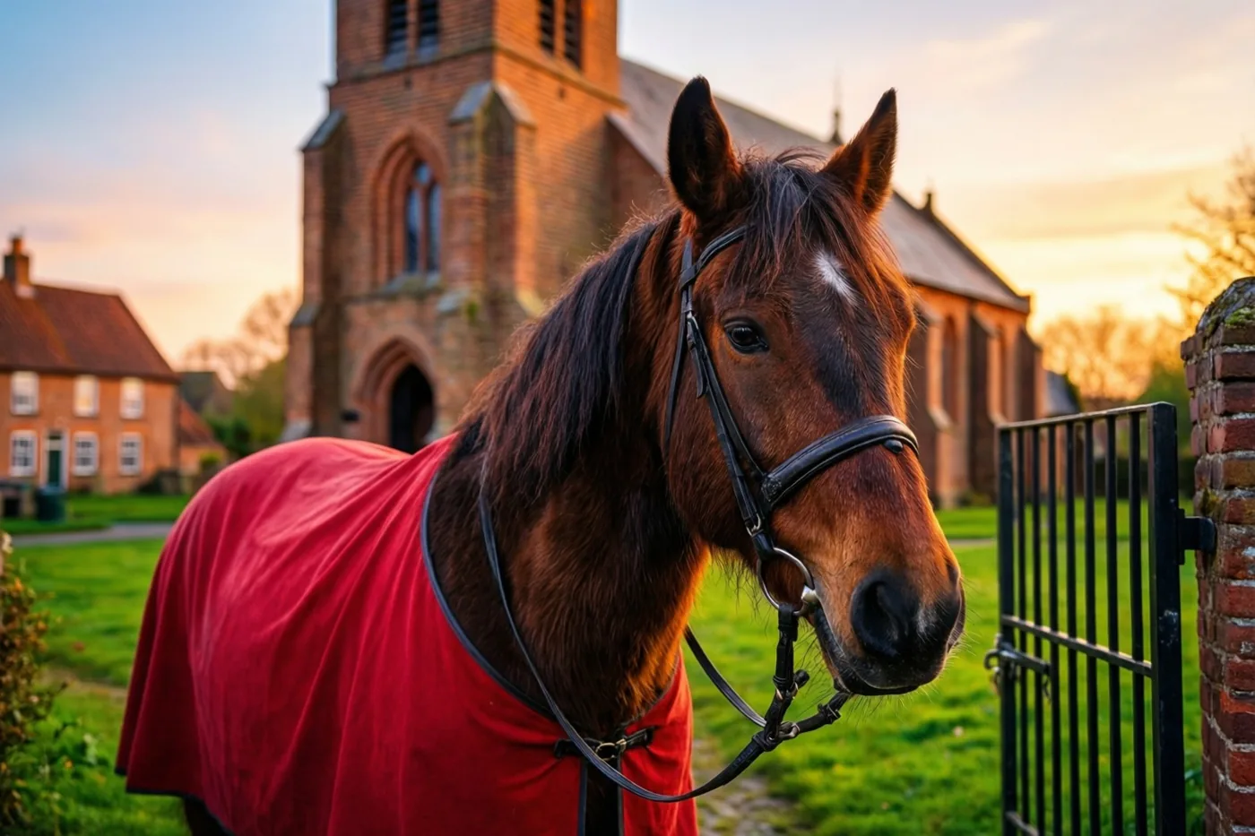 Een bruin paard met een rode deken staat bij een zwart metalen hek voor een bakstenen dorpskerk in warm, goudkleurig avondlicht.