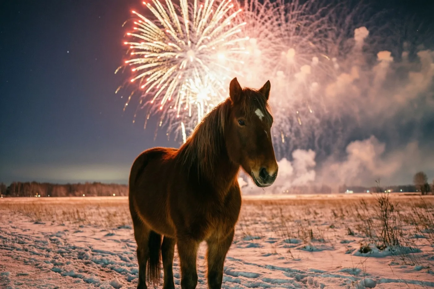 Een bruin paard staat in een besneeuwde weide onder een donkerblauwe nachthemel met helder oranje en wit vuurwerk.