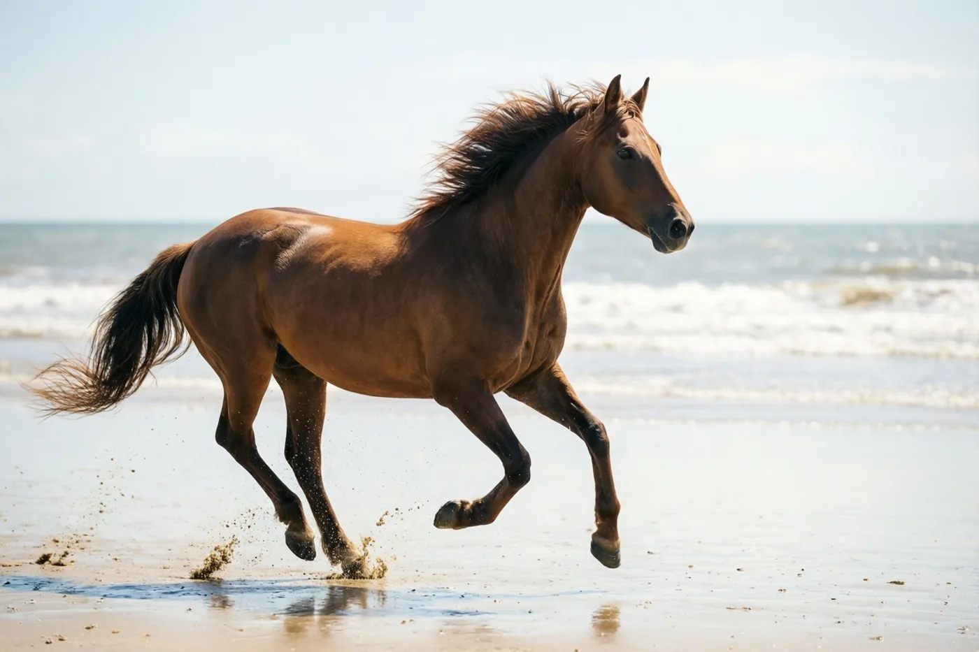 Een bruin paard galoppeert over een breed zandstrand bij eb, met zeegolven op de achtergrond in helder zonlicht.