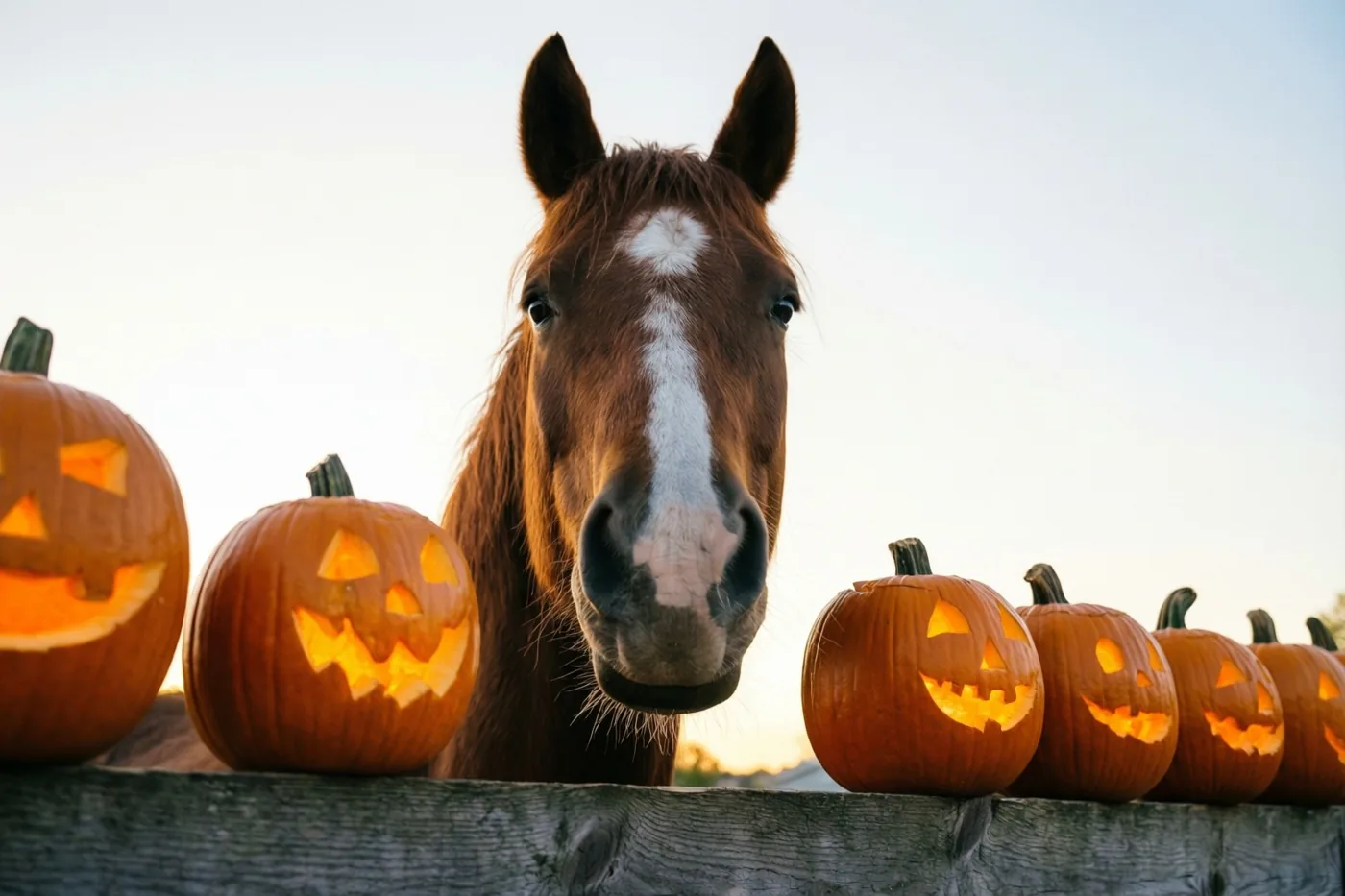Een bruin paard met een witte bles kijkt in de schemering over een houten hek tussen lichtgevende uitgesneden pompoenen, tegen een bleke lucht.