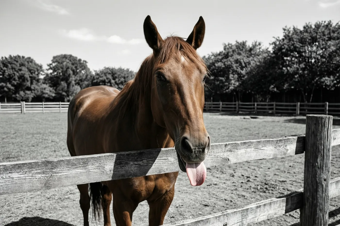 Een bruin paard steekt zijn tong uit over een verweerd houten hek in een zonnige paddock, waarbij het paard in kleur is en de achtergrond in zwart-wit.