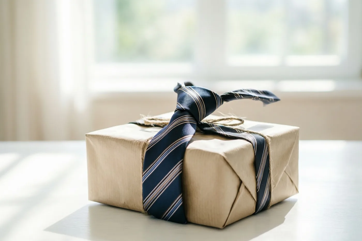 Een cadeau in bruin papier staat op een witte tafel, vastgebonden met een blauw gestreepte das die onhandig uitsteekt, met een raam op de achtergrond.