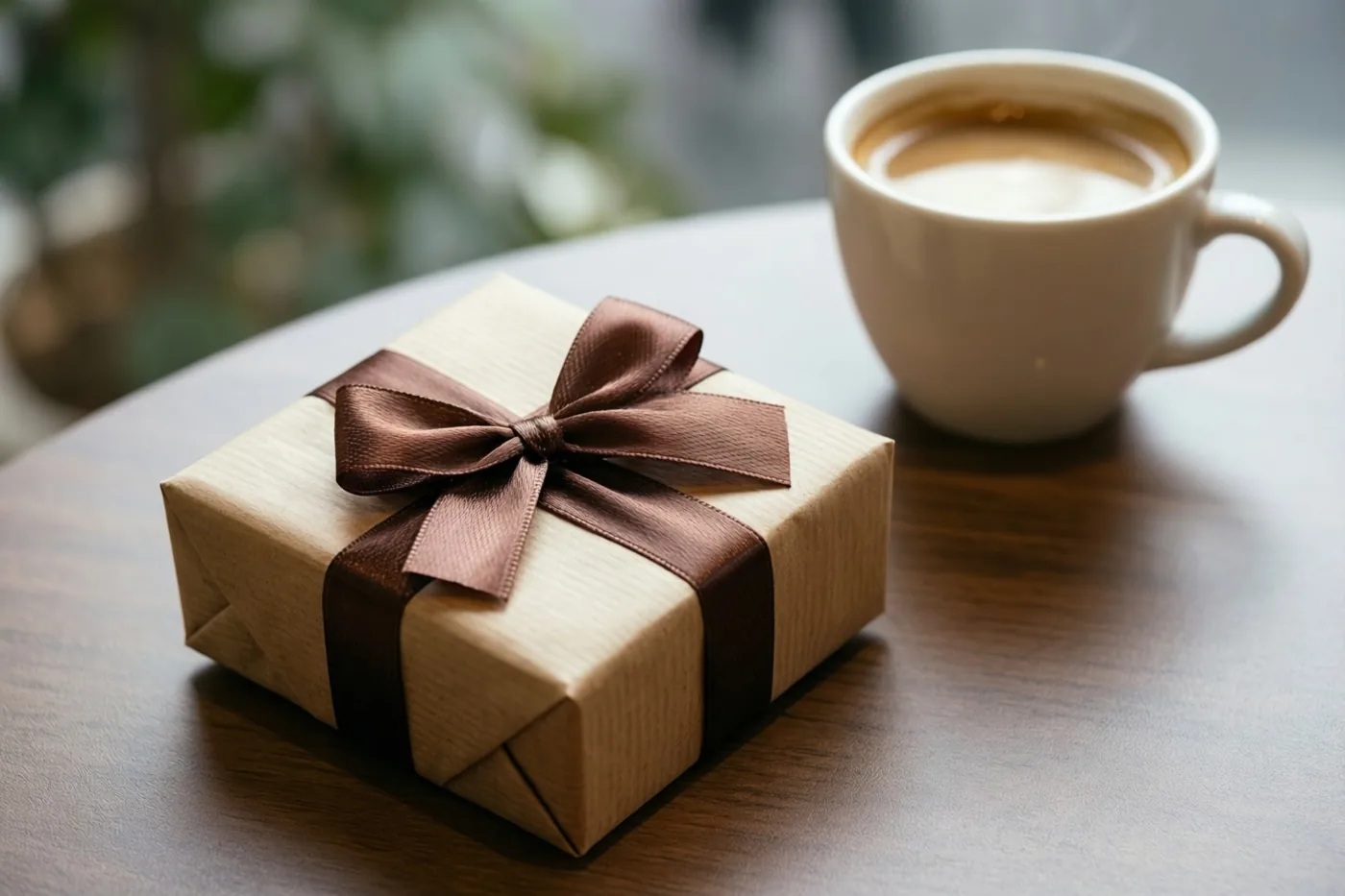 Een klein cadeau in bruin papier met een bruine lintstrik staat naast een witte koffiekop op een houten tafel.