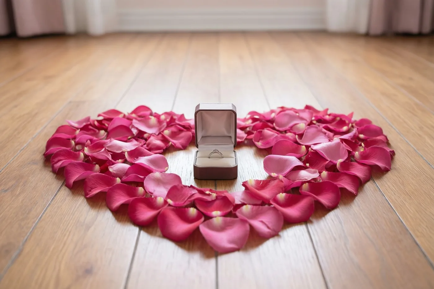Roze rozenblaadjes vormen een hart op een lichte houten vloer, met in het midden een open bruin doosje met een ring.