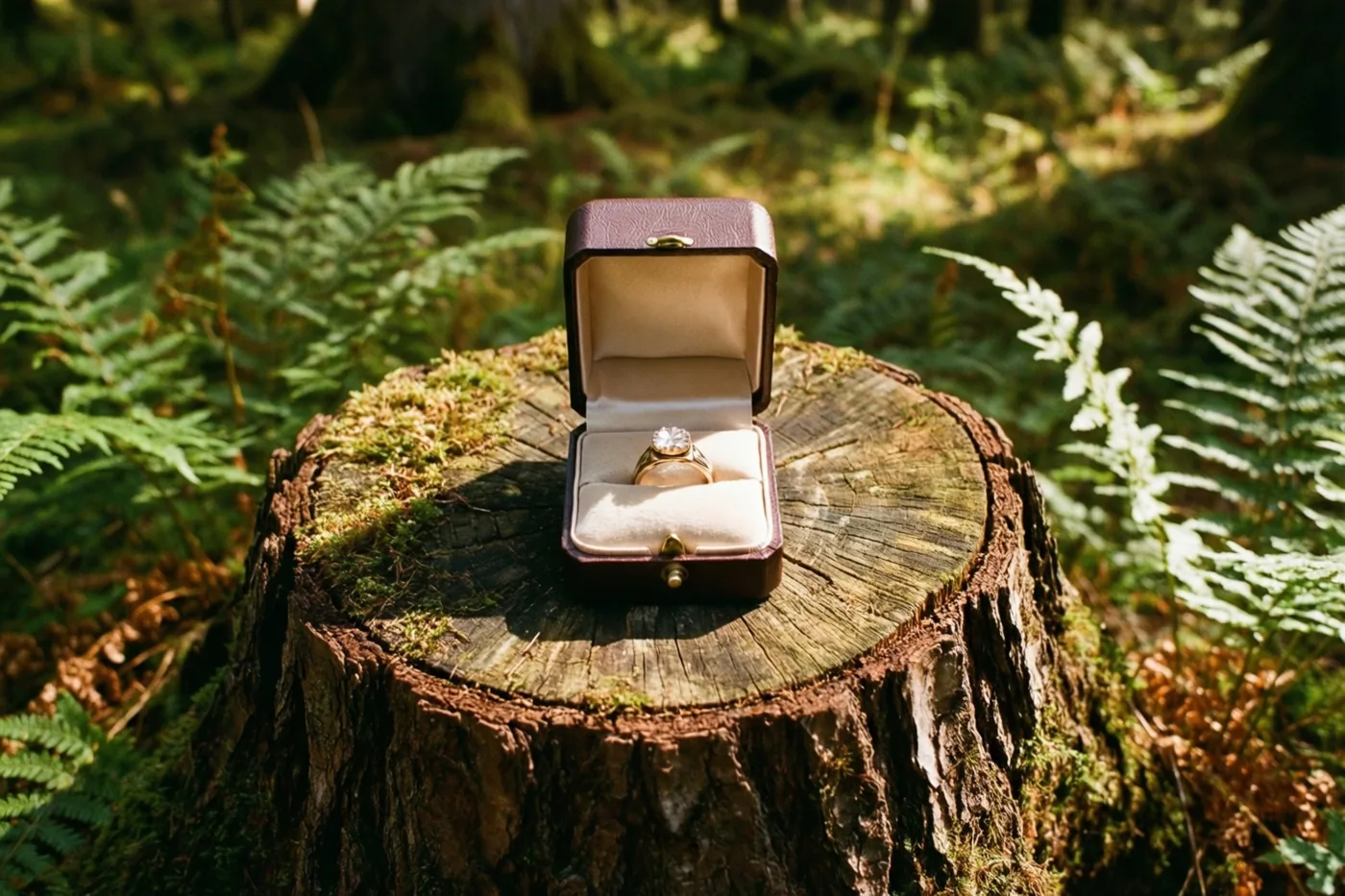 Een open bruin ringdoosje met een gouden ring staat op een bemoste boomstronk tussen groene varens in een zonnige open plek in het bos.