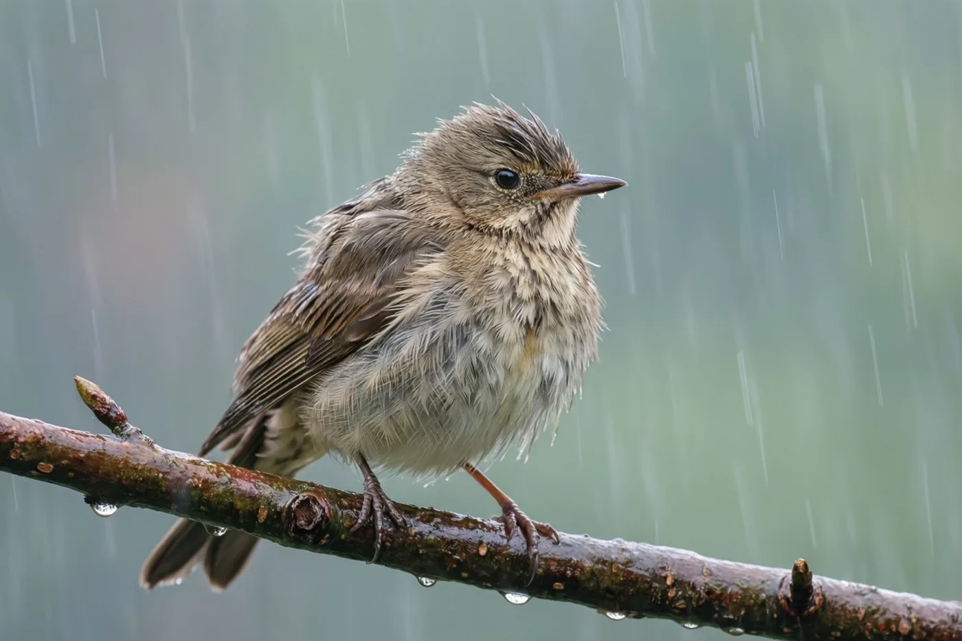 Een klein bruin vogeltje met opgezette veren zit tijdens een regenbui op een natte tak tegen een onscherpe groene achtergrond.