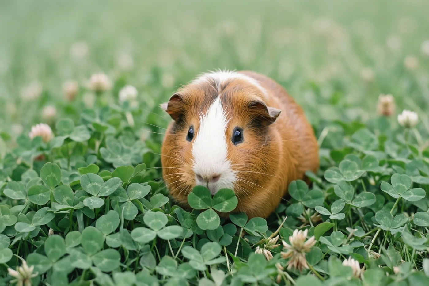 Een bruin-witte cavia zit tussen groene klaverplanten in het gras en kijkt recht naar de camera in zacht daglicht.