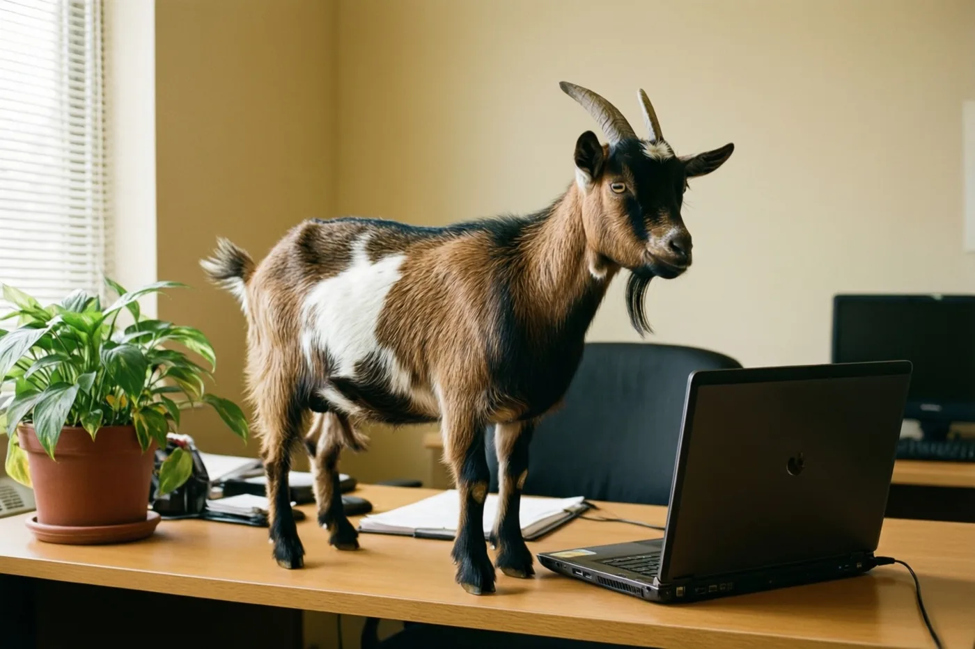 Een bruin-witte geit staat op een houten bureau naast een open laptop en een potplant, in een warm verlicht kantoor met beige muren en een raam met jaloezieën.