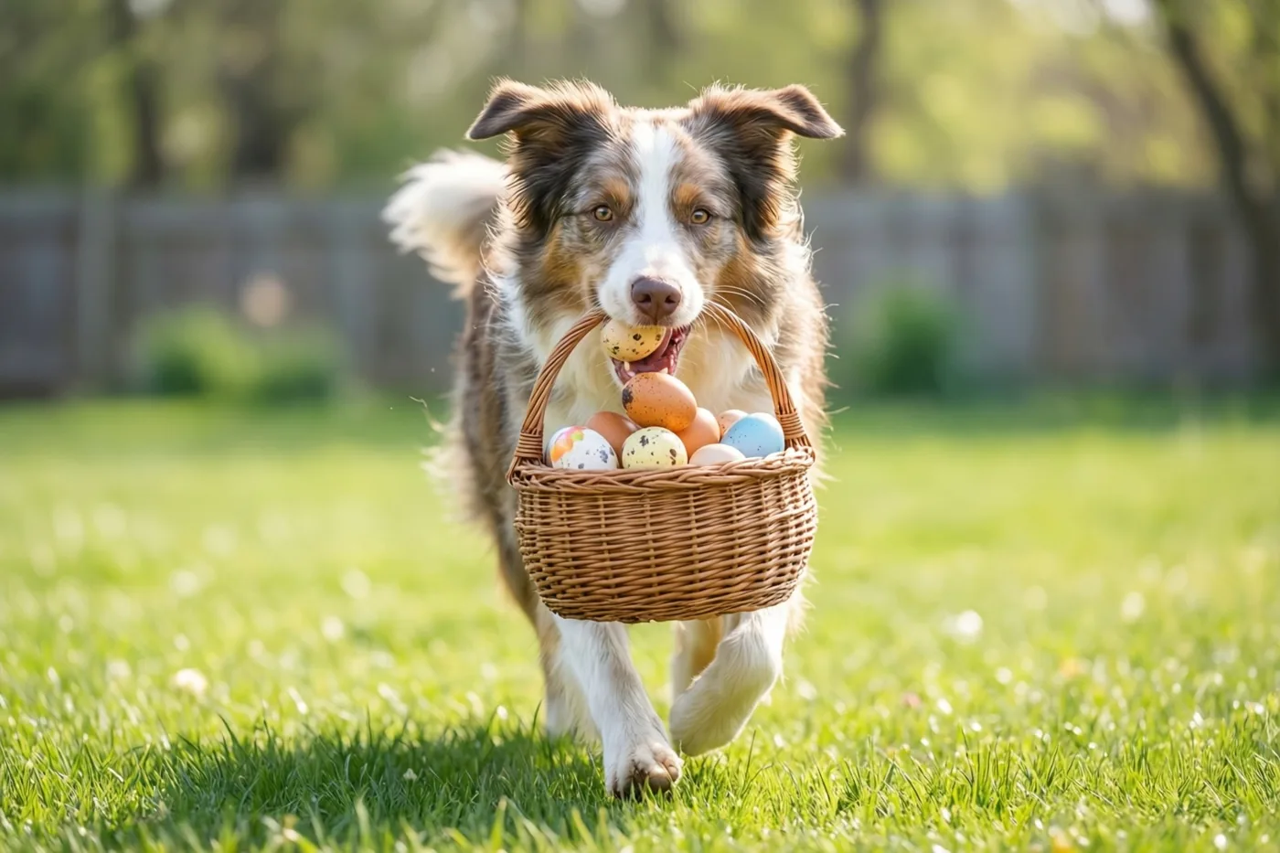 Een bruin-witte hond draaft in fel zonlicht over een groen gazon met een rieten mand vol gekleurde paaseieren in zijn bek, met onscherpe bomen en een omheining achter zich.