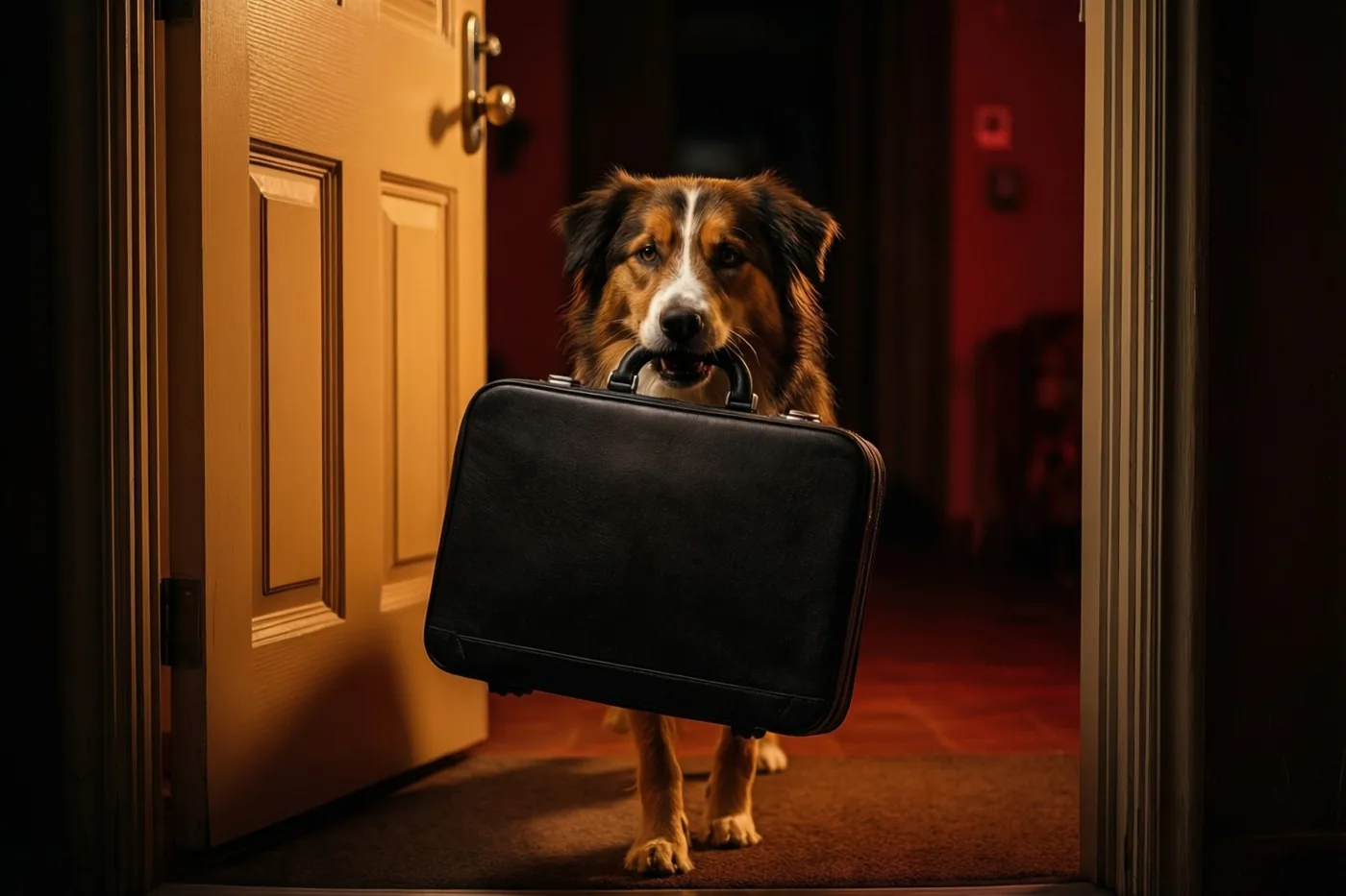 Een bruin-witte hond staat in een deuropening met een zwarte aktetas in zijn bek, in warm licht met oranje en rode tinten.