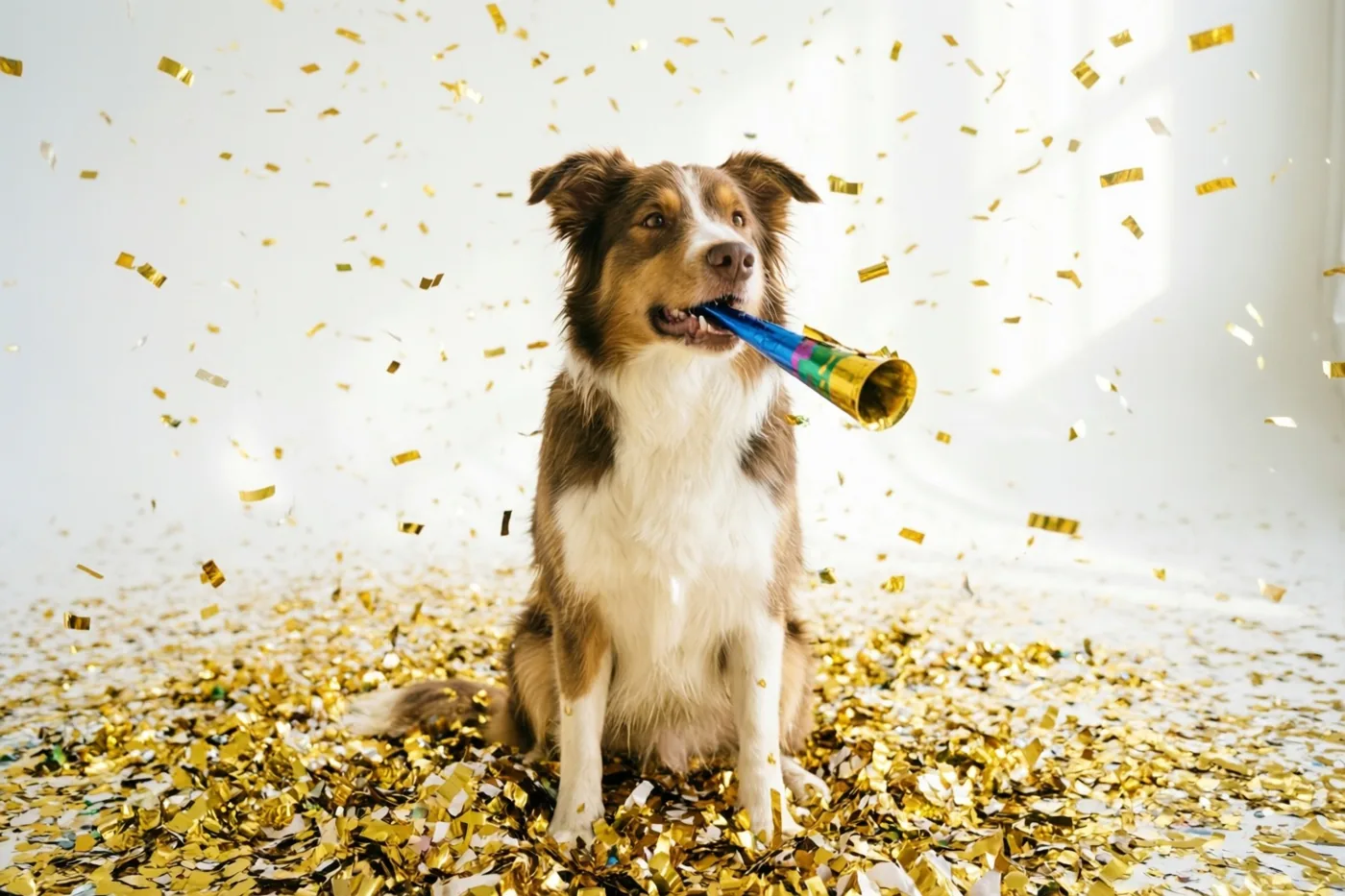 Een bruin-witte hond zit met een kleurrijke feesttoeter in de bek op gouden confetti tegen een witte achtergrond, terwijl confetti rondom hem naar beneden valt.
