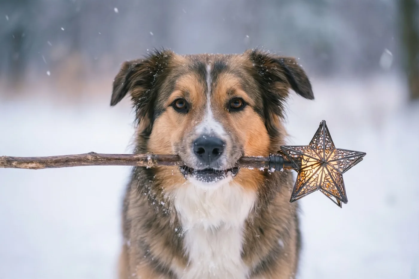 Een bruin-witte hond staat buiten in de sneeuw met een stok in zijn bek waaraan een sterlantaarn warm licht geeft.