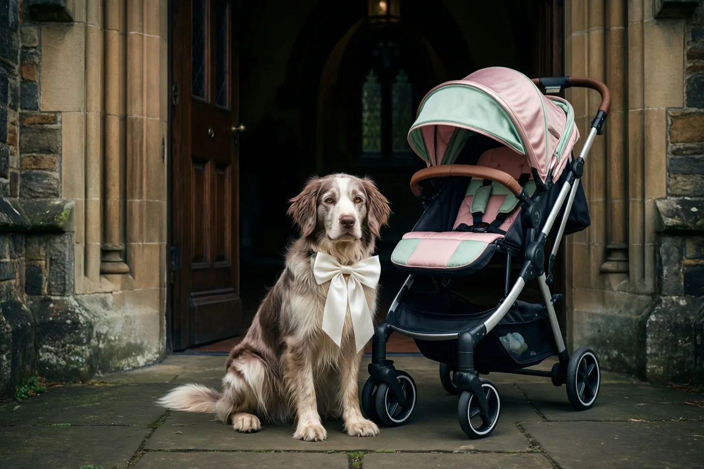 Een pluizige bruin-witte hond met een witte satijnen strik zit op stenen bestrating naast een roze en mintgroene kinderwagen voor de houten deur van een stenen kerk.