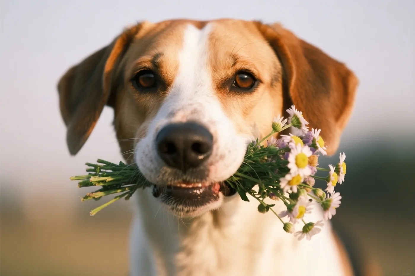 Een bruin-witte hond houdt een klein boeket margrieten en andere veldbloemen in zijn bek, van dichtbij gefotografeerd tegen een wazige achtergrond.