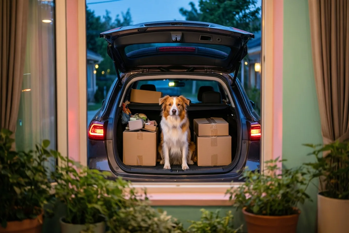 Door een raam met kamerplanten is een pluizige bruin-witte hond te zien die in de schemering rechtop tussen verhuisdozen in de open koffer van een donkere SUV zit.