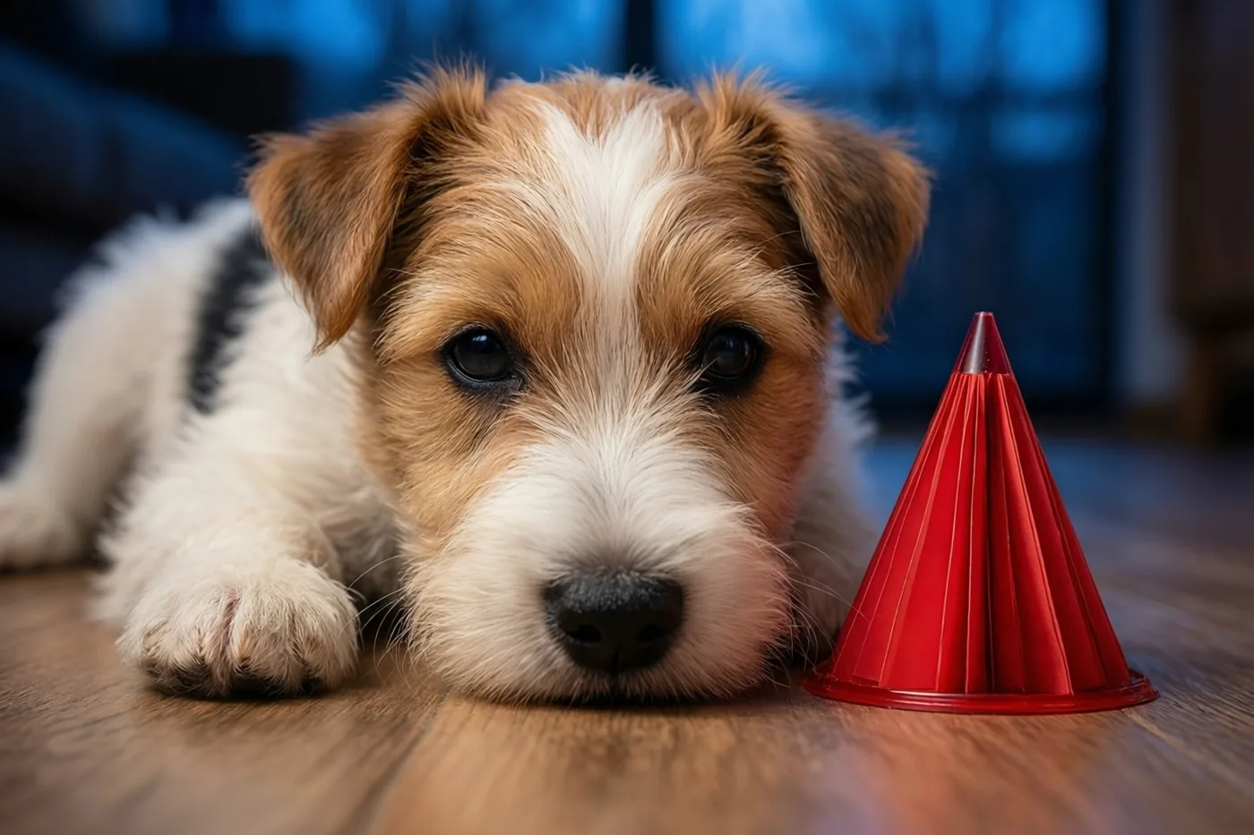 Een bruin-witte terriërpup ligt op een houten vloer naast een kleine rode papieren mijter en kijkt naar de camera, tegen een onscherpe blauwe achtergrond.