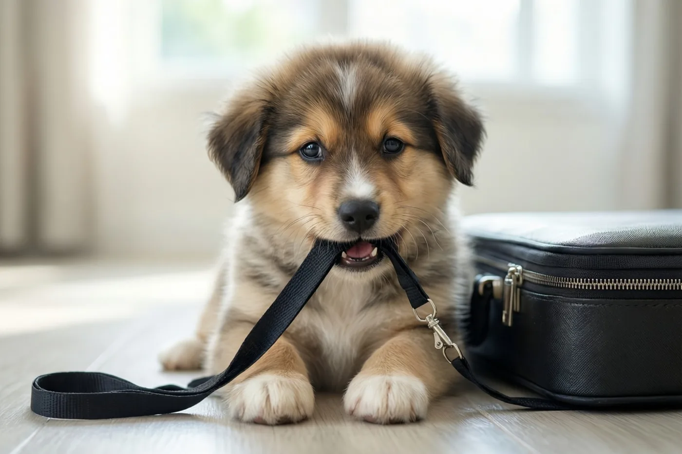 Een pluizige bruin-witte pup ligt op een lichte houten vloer naast een zwarte aktetas en kauwt op een zwart riempje, met een zacht vervaagde achtergrond in daglicht.