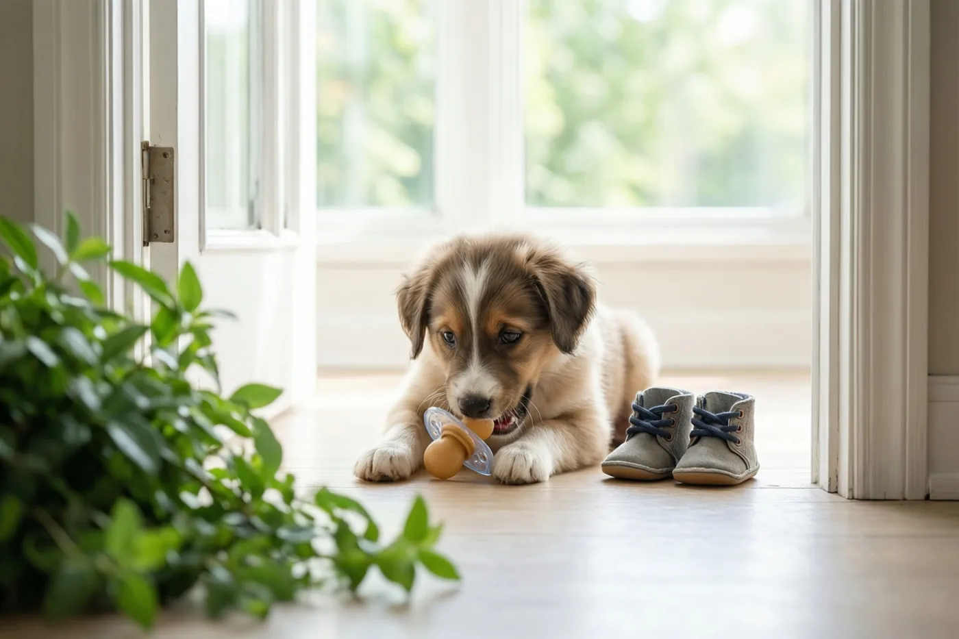 Een bruin-witte pup ligt op een lichte houten vloer op een tutje te kauwen, naast babyslofjes en een groene plant bij een raam.