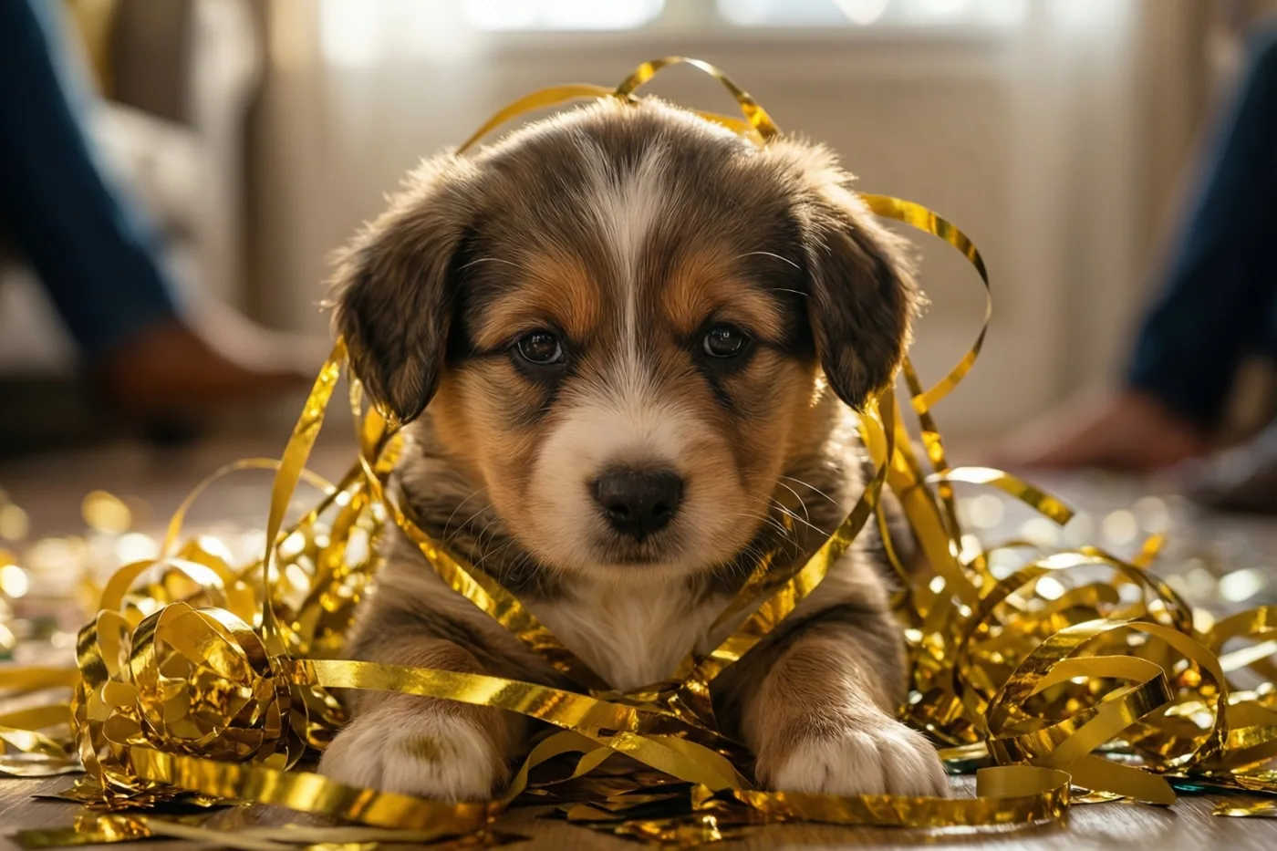 Een kleine bruin-witte pup ligt op een houten vloer tussen verwarde gouden serpentines in warm licht.