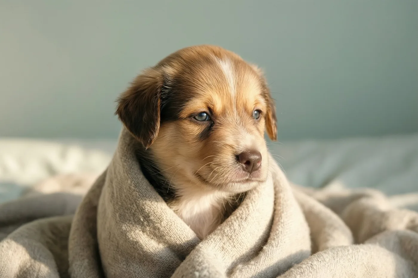Een kleine bruin-witte puppy kijkt naar de camera vanuit een beige deken in zacht ochtendlicht.