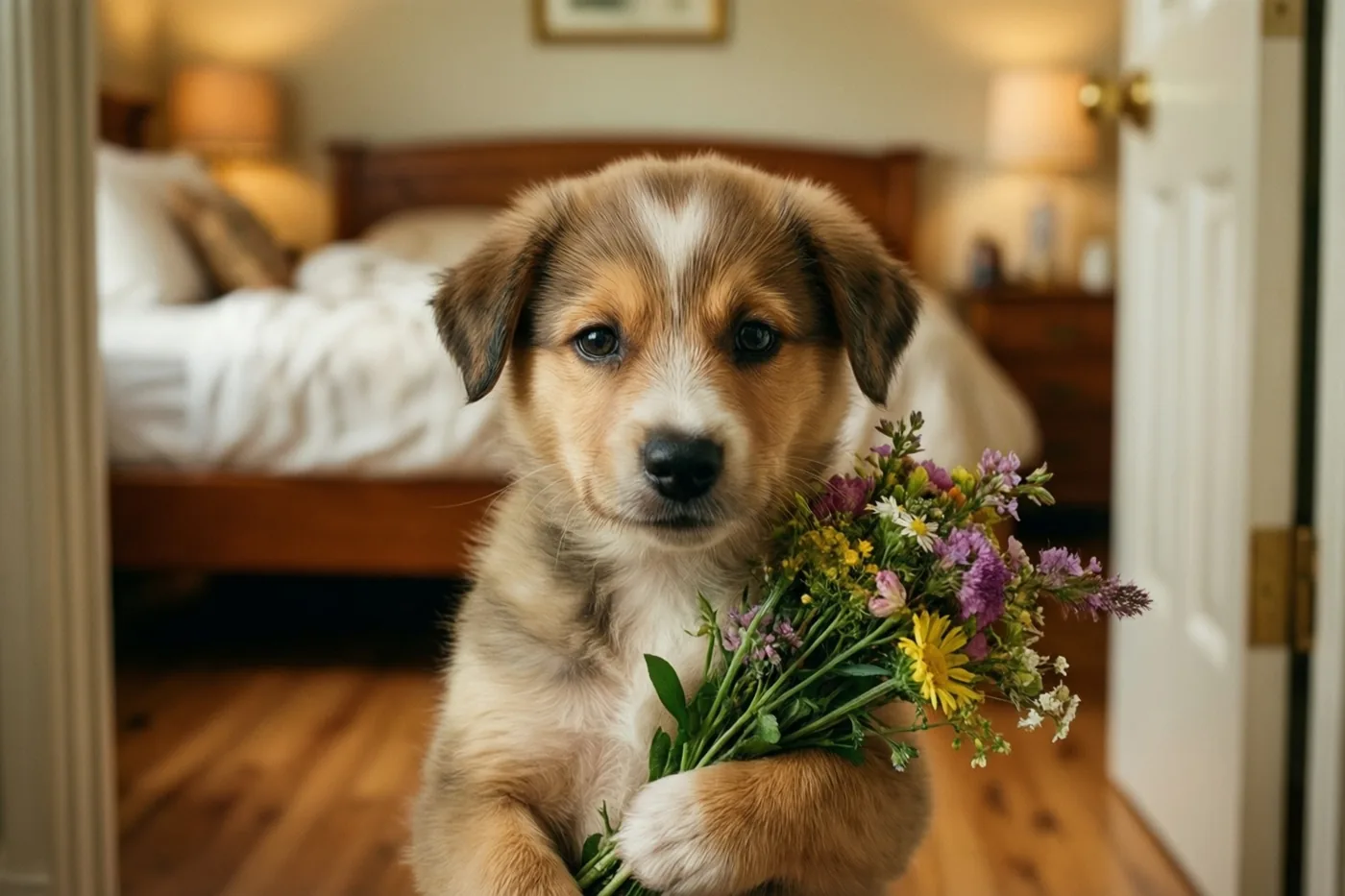 Een bruin-witte puppy houdt een boeket veldbloemen vast voor een slaapkamerdeur, met een houten vloer en een bed op de warm verlichte achtergrond.