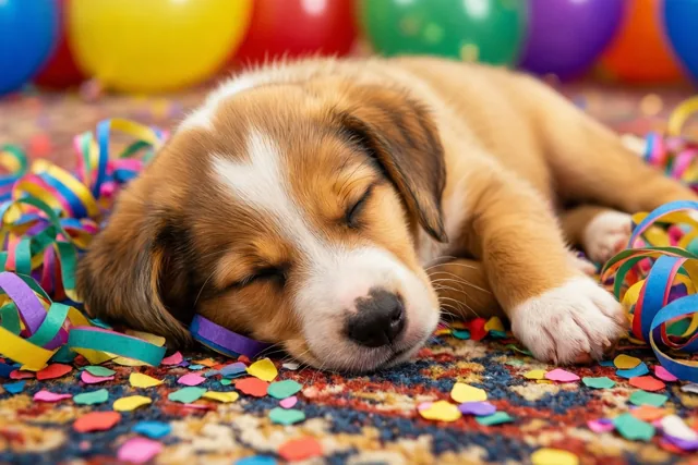 Een slaperige puppy viert mee