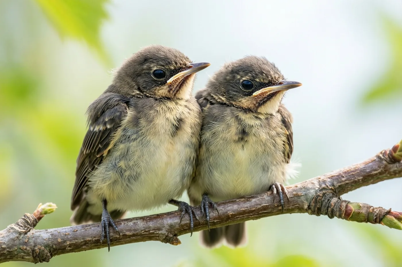 Twee jonge vogels met pluizige bruine en witte veren zitten dicht tegen elkaar op een tak met duidelijke structuur, tegen een wazige achtergrond in groene en lichte tinten.
