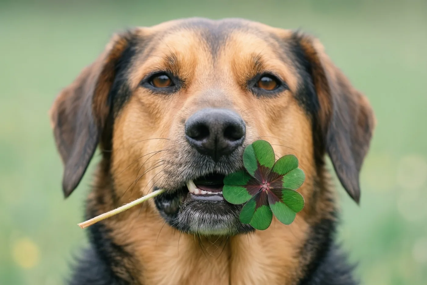 Een bruin-zwarte hond houdt een klavertjevier in zijn bek en kijkt hoopvol tegen een zacht vervaagde groene achtergrond.