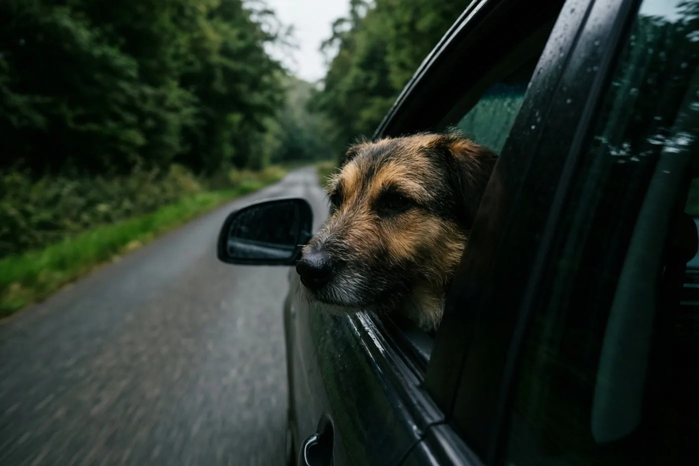 Een bruin-zwarte hond steekt zijn kop uit een autoraam en kijkt vooruit op een smalle weg tussen groene bomen, in gedempte groene en grijze tinten.