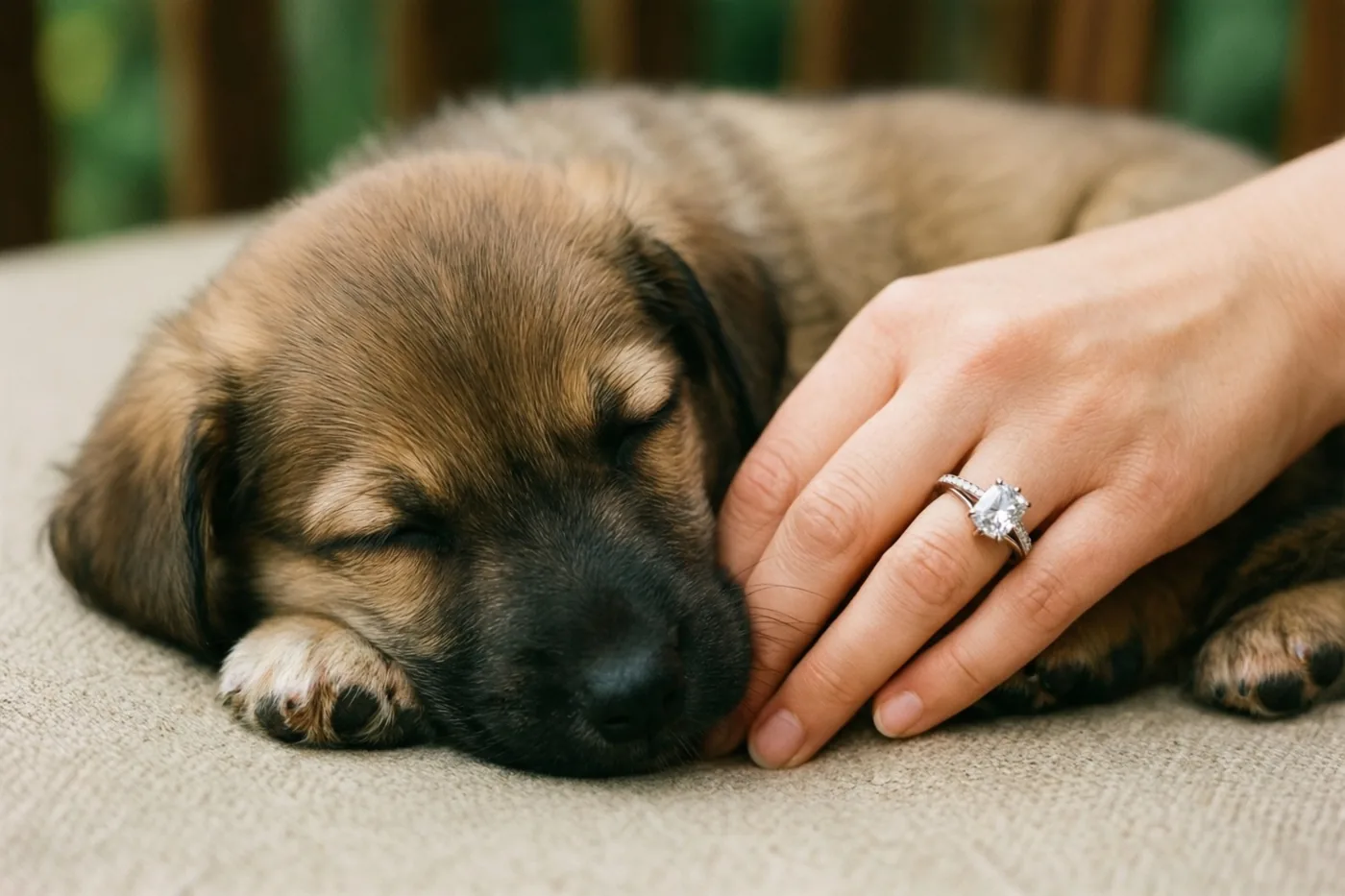 Een kleine bruin-zwarte puppy slaapt met zijn kop tegen een vrouwenhand met een verlovingsring met één steen op een beige ondergrond met structuur, voor een onscherpe houten achtergrond.
