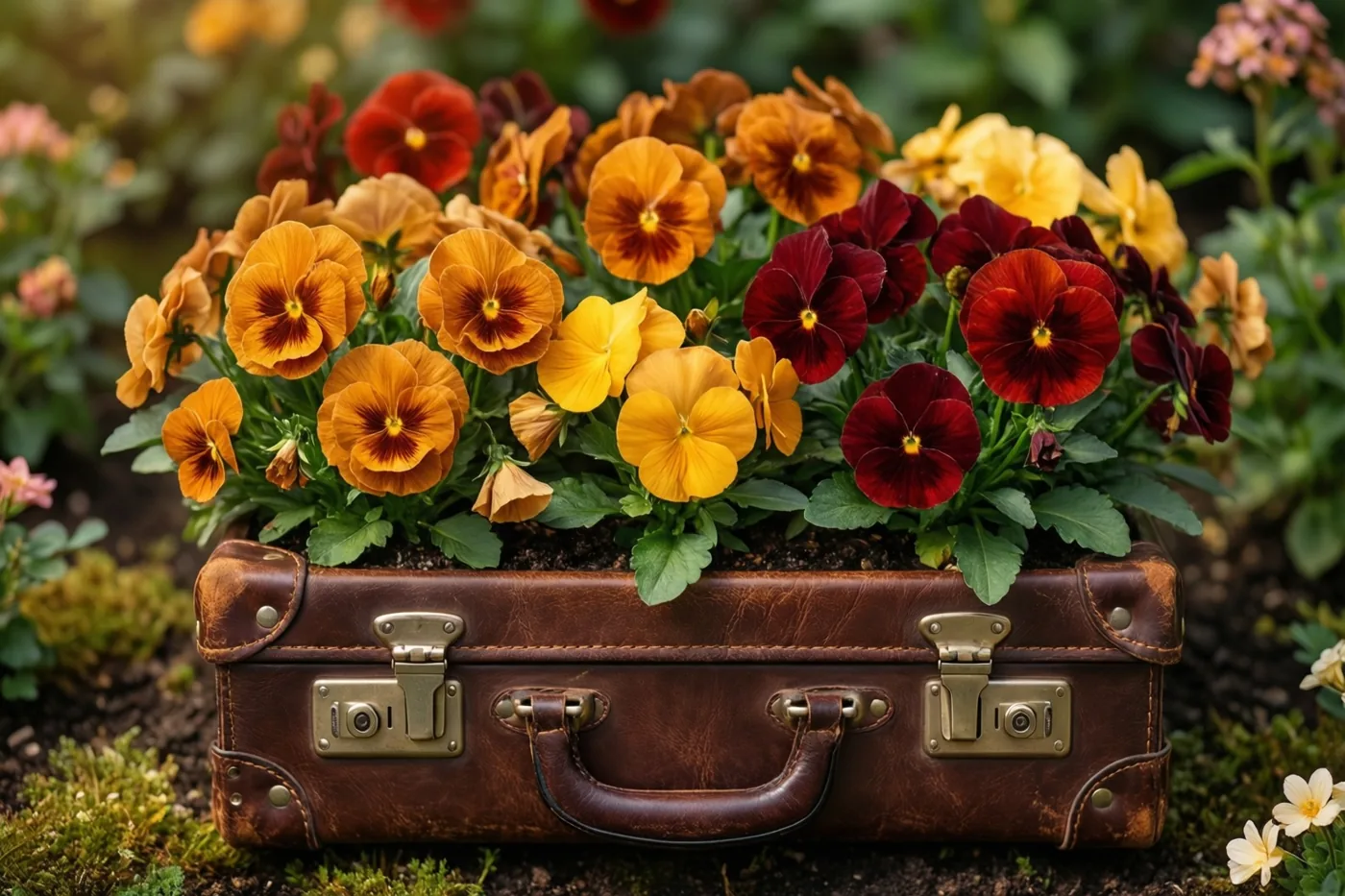 Een oude bruine leren aktetas dient als plantenbak en zit vol oranje, gele en dieprode viooltjes in een helder verlichte tuin.