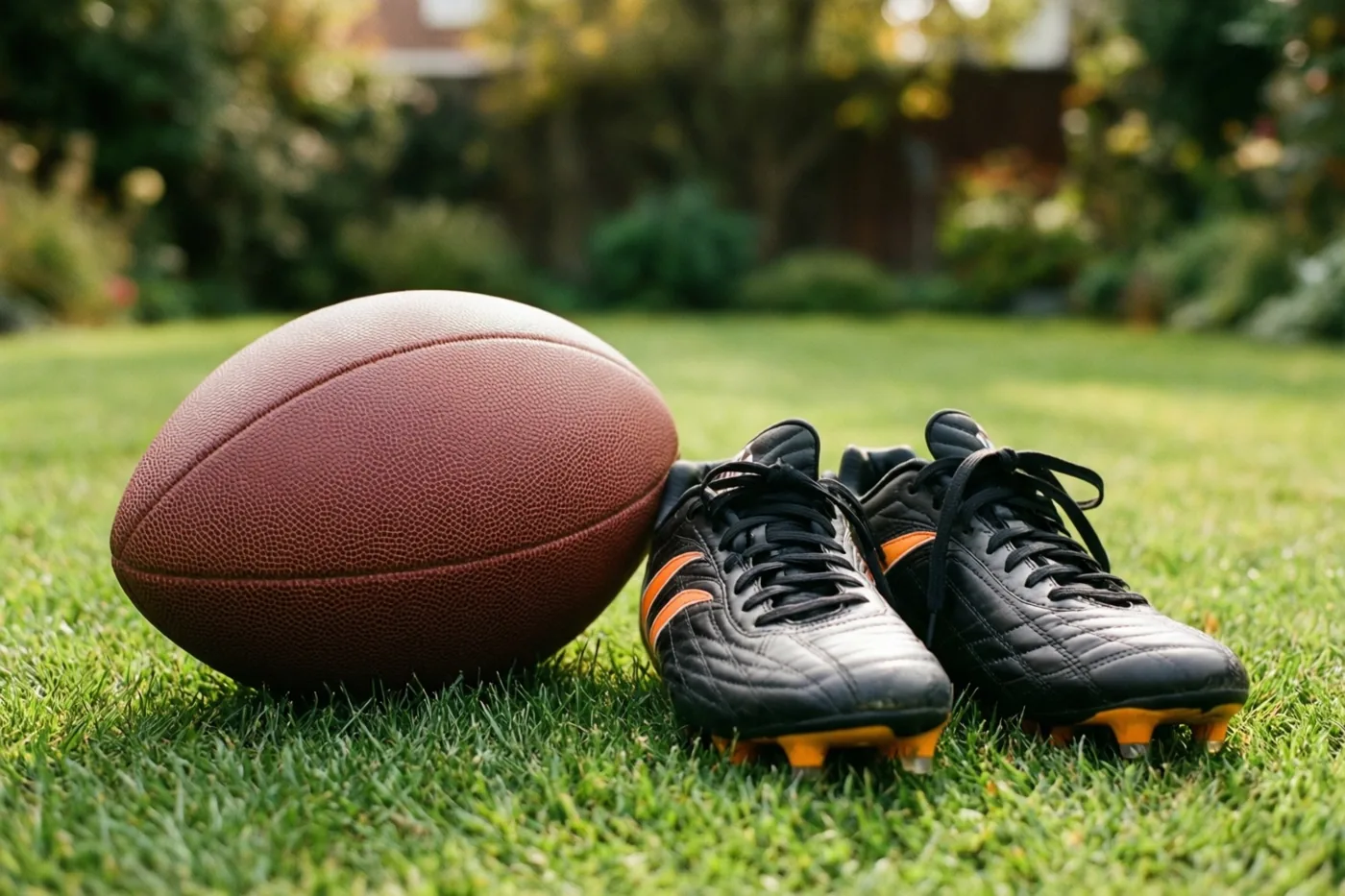 Een bruine Americanfootballbal ligt naast zwarte sportschoenen met oranje accenten op een groen gazon, met onscherpe tuinplanten op de achtergrond.