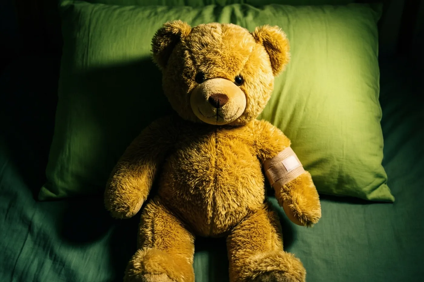 Een bruine teddybeer met een klein verband aan zijn rechterarm zit op een groen kussen in warm gericht licht tegen een donkere achtergrond.