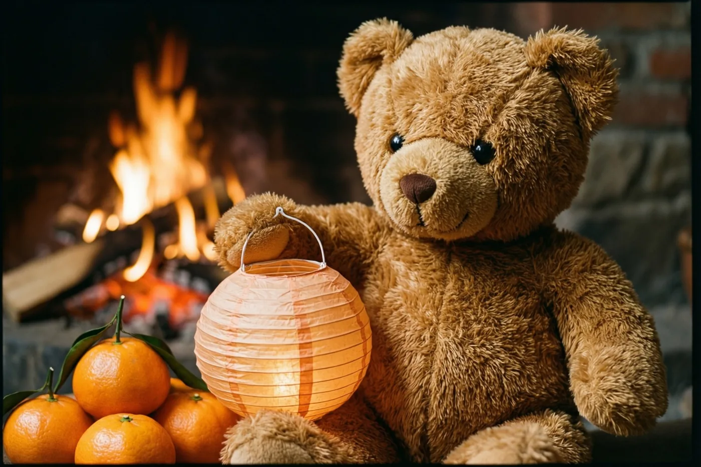Een bruine teddybeer zit bij een haardvuur met een oranje papieren lantaarn in zijn poten en enkele mandarijnen in de buurt.
