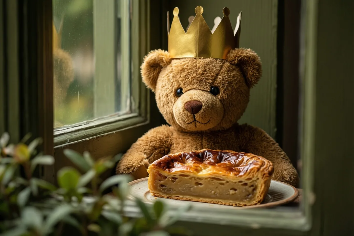 Een bruine teddybeer met een gouden papieren kroon zit naast een stuk galette op een bord op een vensterbank, met groen op de voorgrond en warm daglicht.