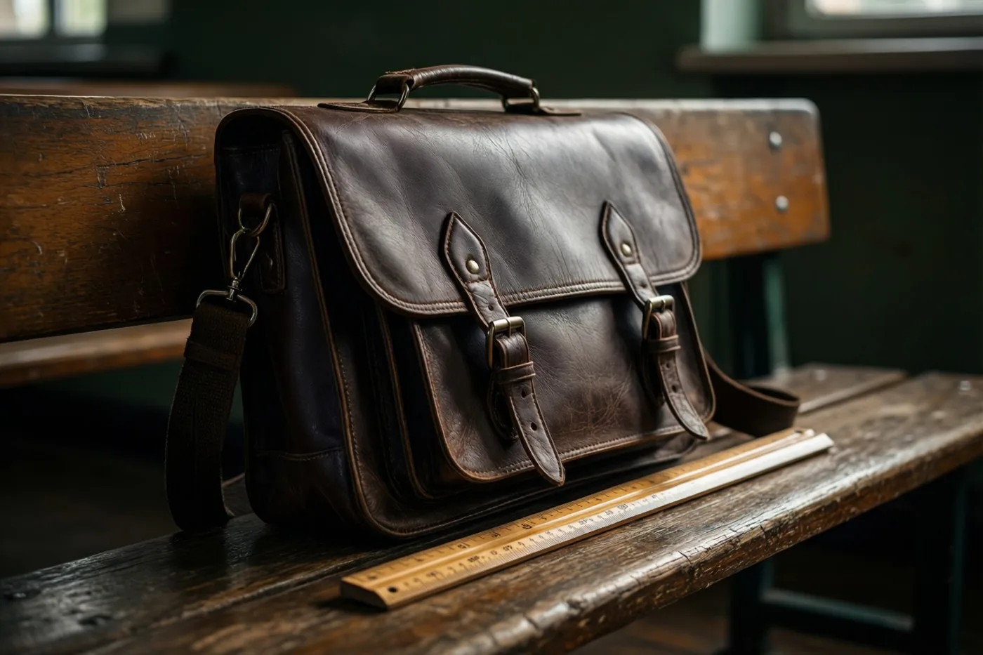 Een bruine leren boekentas en een houten lat liggen op een versleten houten schoolbank in warme bruine tinten.