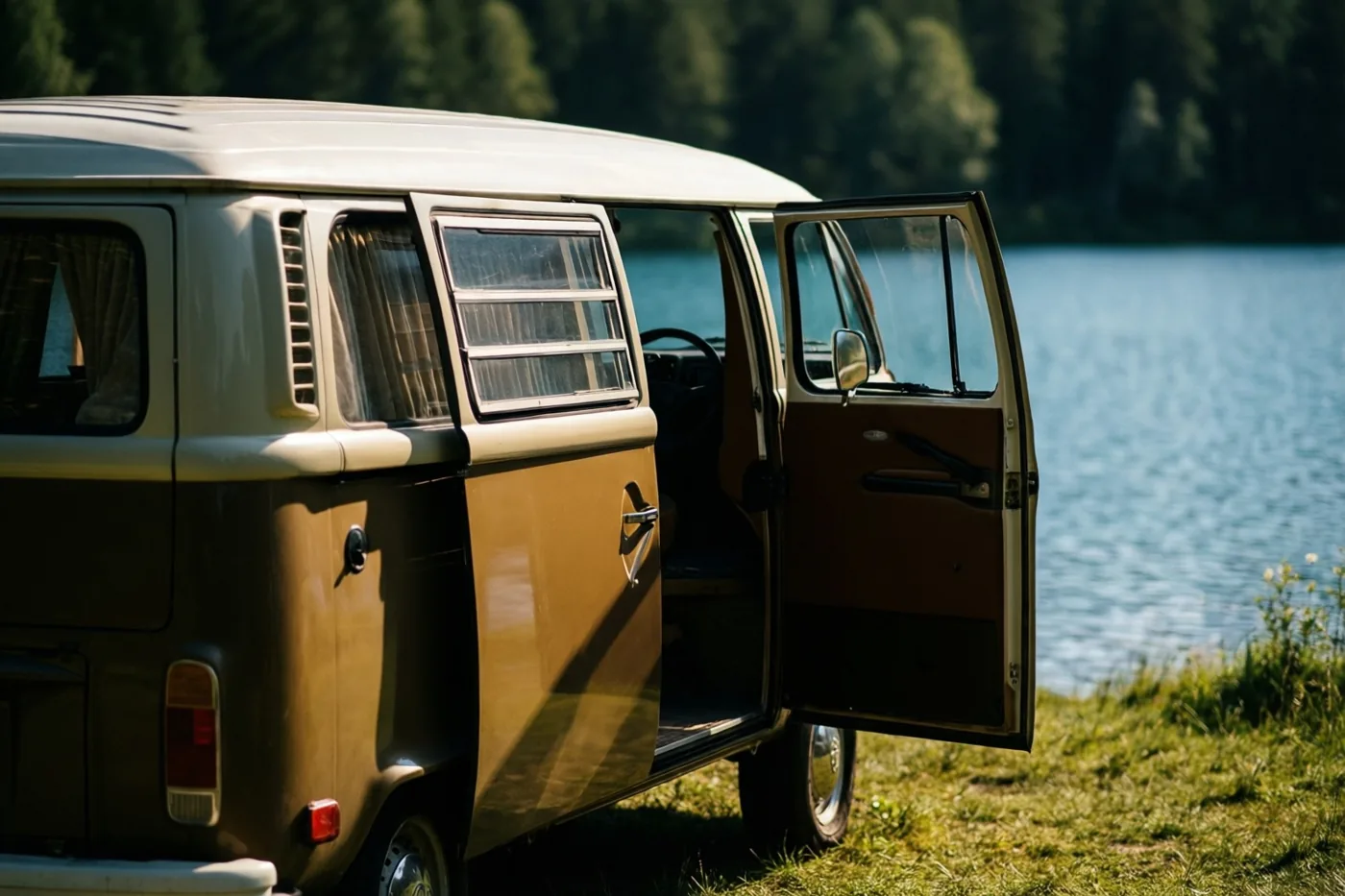 Een tweekleurige oude camper in bruin en crème staat met de zijdeur open op het gras naast een rustig meer in de zon.