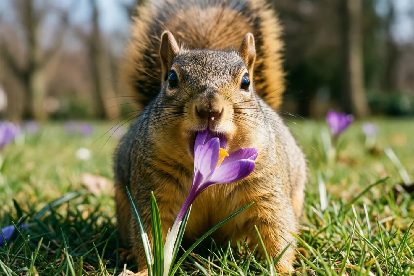 Een bruine eekhoorn zit op groen lentegras met een paarse krokus in zijn bek.