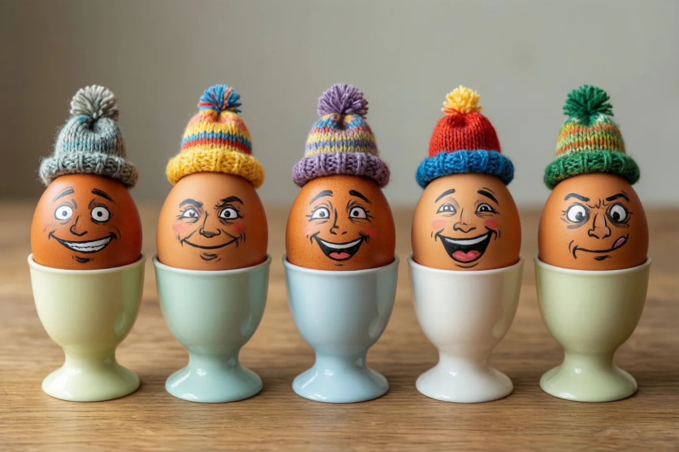 Vijf bruine paaseieren met geschilderde cartoongezichtjes en kleine gebreide mutsen staan in pastelkleurige eierdopjes op een houten oppervlak, in warm licht tegen een zachte achtergrond.