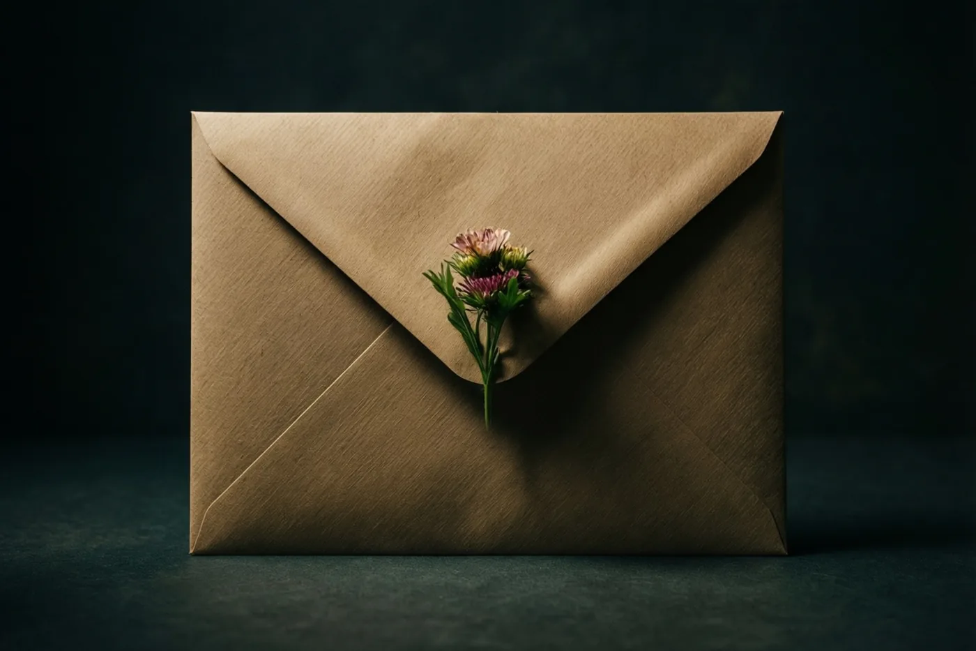 Een bruine papieren envelop met een klein bloemetje onder de flap ligt tegen een donkere achtergrond in gedempte aardetinten.